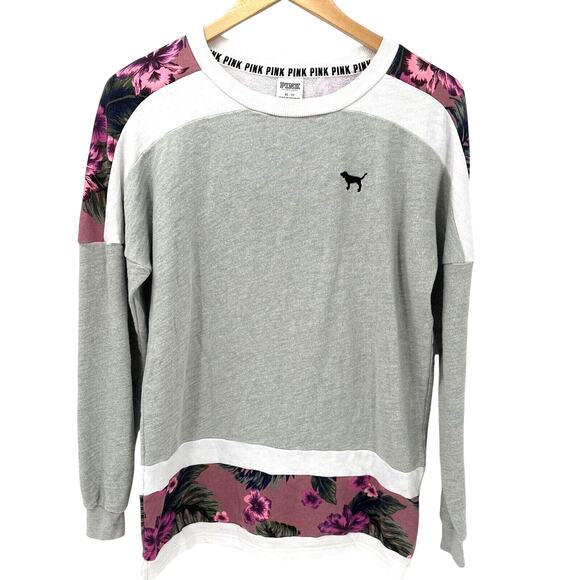 Victoria's Secret Sweatshirt Womens XS Gray LOVE PINK Pullover Floral Oversize - Picture 1 of 7